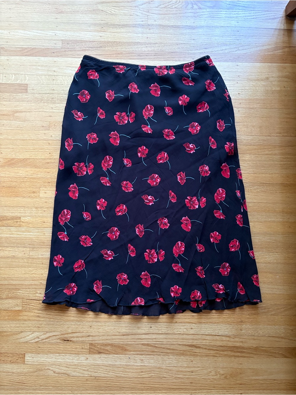 Vintage Black Skirt with Red Floral Print